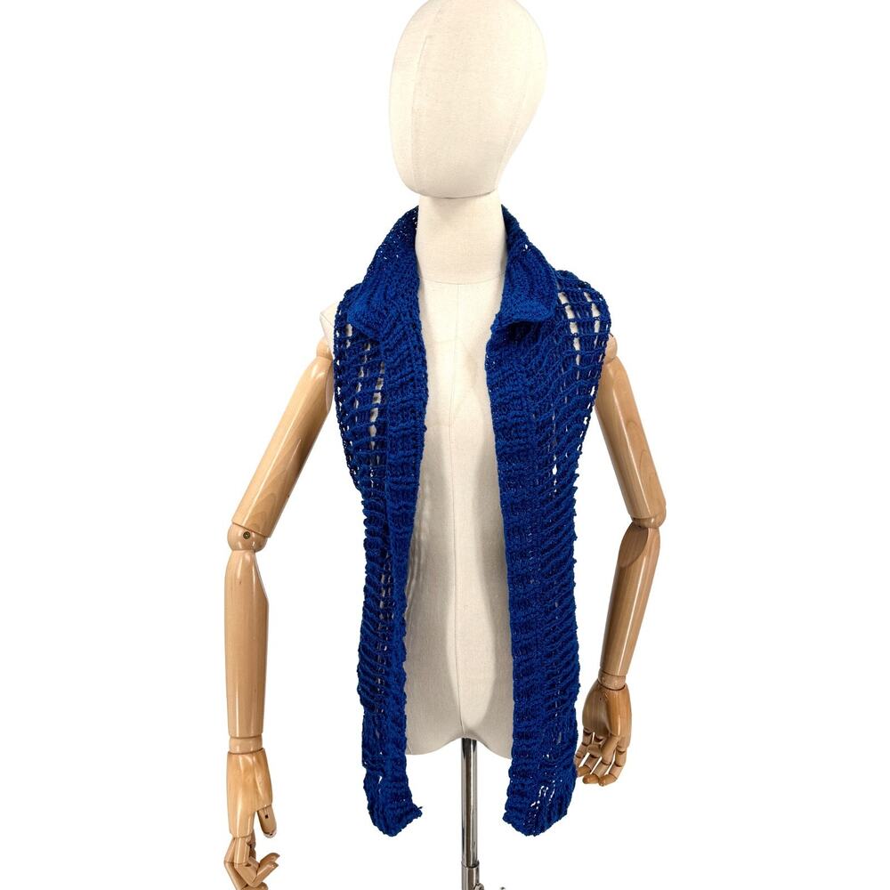 Vintage 80s Cobalt Blue Handmade Crochet Open Front Vest